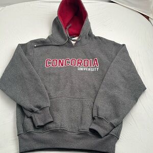 Varsity Collection Concordia University gray and red logo front pocket hoodie